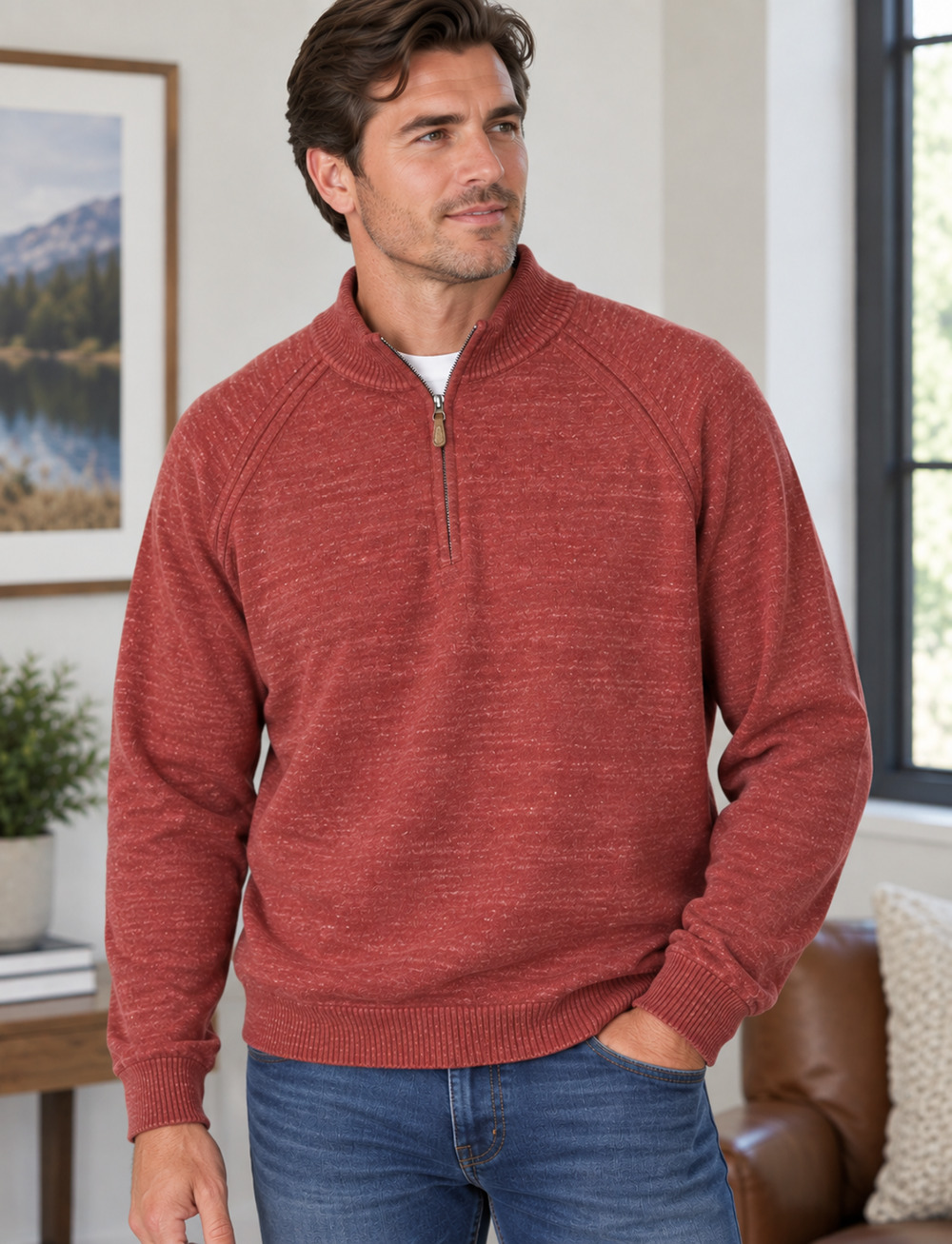 Johnnie-O Medium Brick Red Heathered 100% Cotton Quarter Zip Sweater Mens
